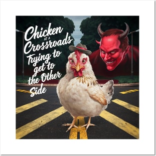 Chicken crossing the road at a crossroads Posters and Art